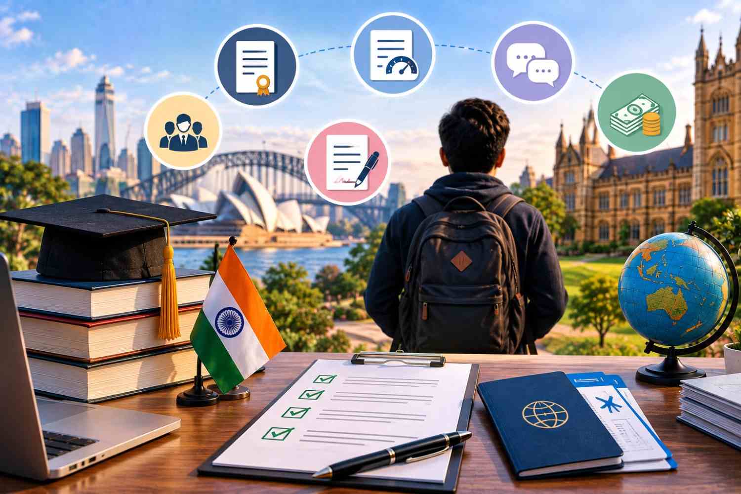 ndian student preparing an MBA application with academic documents, test score icons, passport, finances, and university campus imagery, representing MBA admission requirements in Australia.